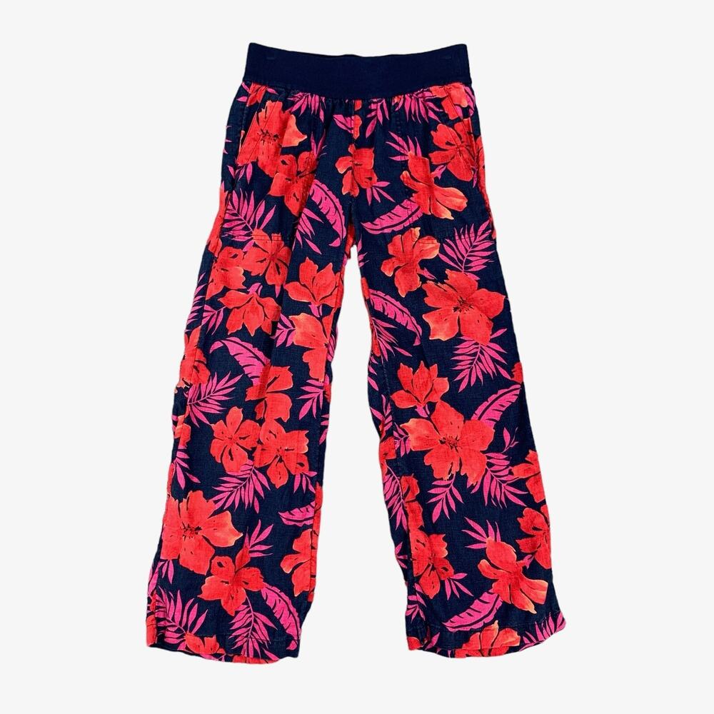 Lands End Pants Womens 4P Petite Navy Floral Linen Pull On Pockets Stretch Waist